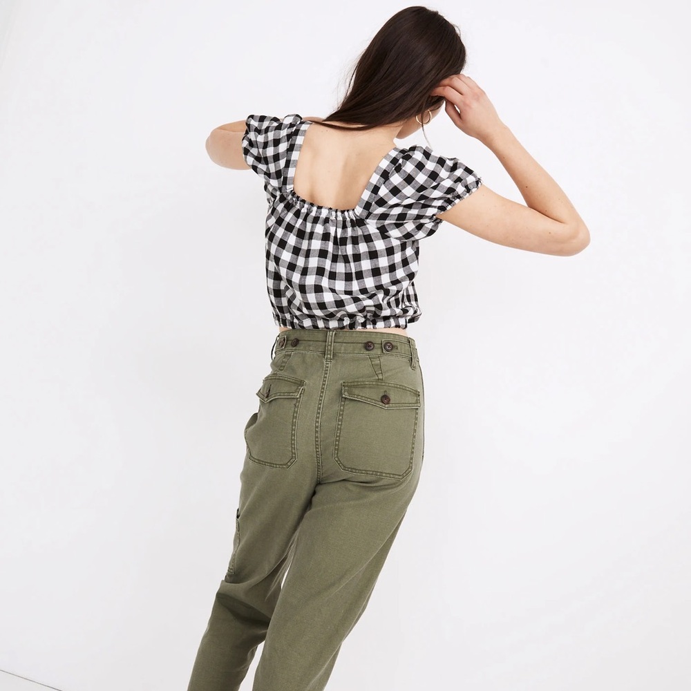 Madewell Linen-Blend Puff-Sleeve Button-Front Crop Top in Gingham Check - Picture 4 of 4